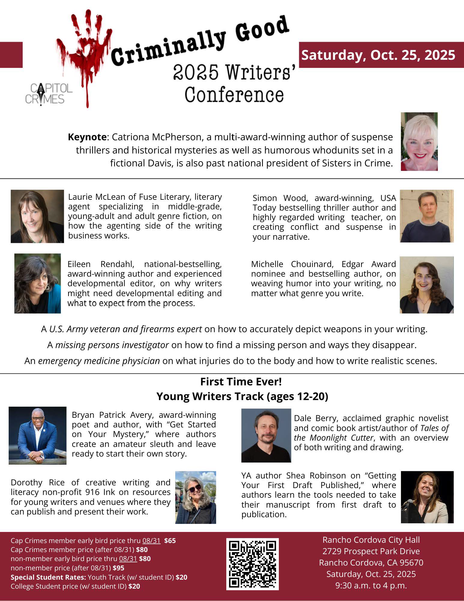 graphic showing all 11 speakers at the Criminally Good one-day conference in Rancho Cordova, CA and a QR code to capitolcrimes.wildapricot.org